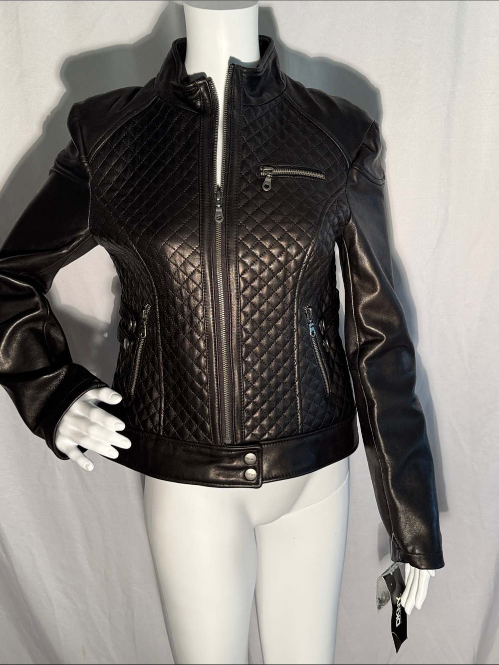 DKNY Black Quilted Faux Leather Moto Jacket